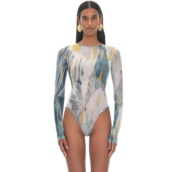 NWT Andrea Iyamah Womens Multi Bark Print Elle Mesh Leotard Bodysuit Size XL